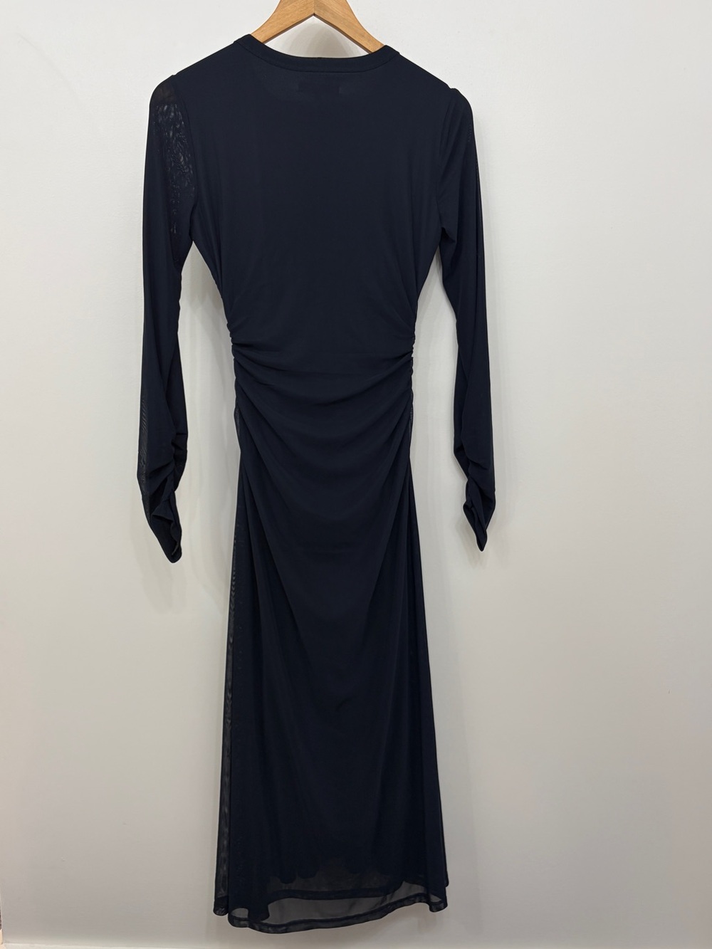 Madewell Navy Blue Long-Sleeve Ruched Midi Dress sheer mesh layers sz medium - Picture 8 of 12